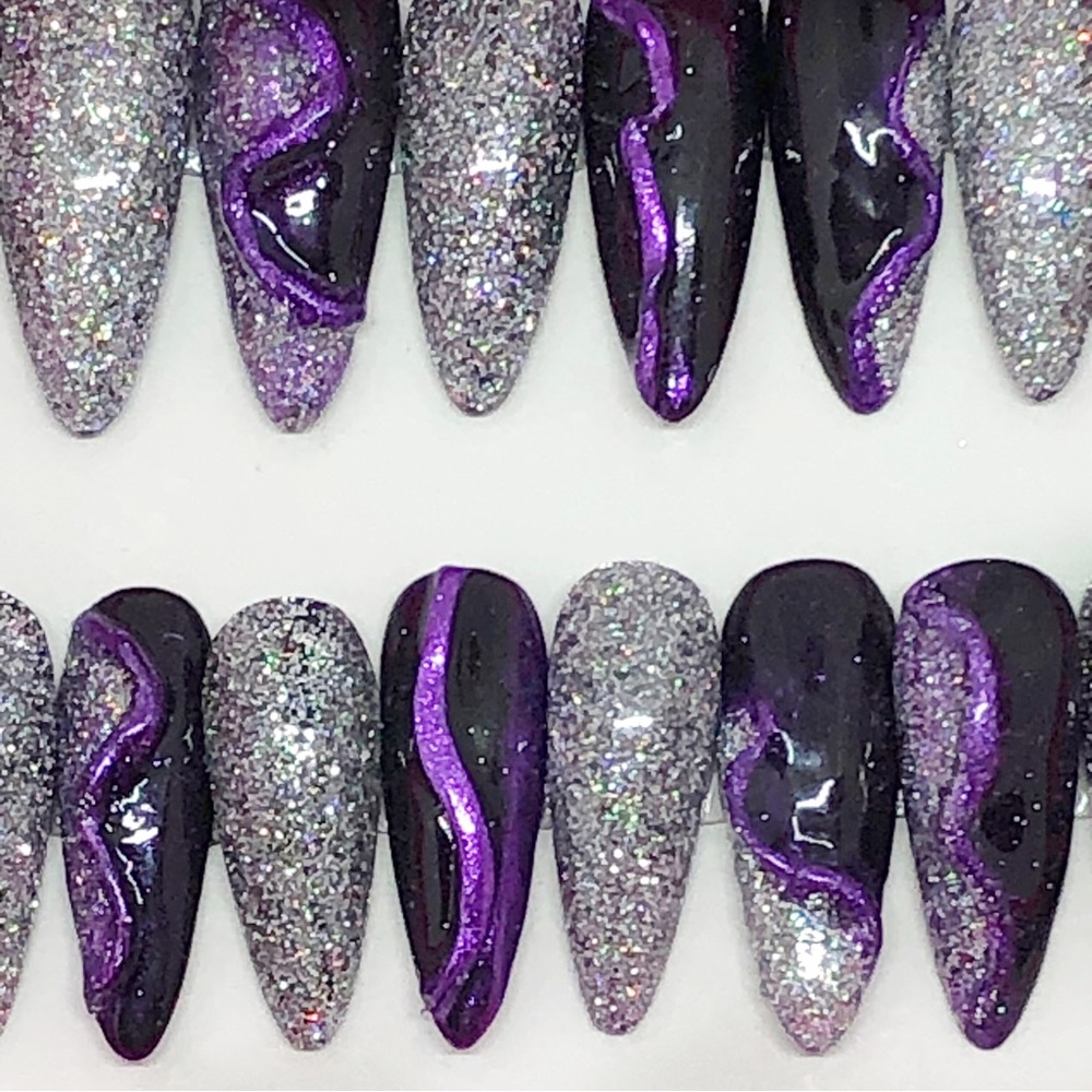 *SOLD* Handmade Press On Nails Long Almond Shape Full Set UV Gel Purple & Holo … - Picture 7 of 13